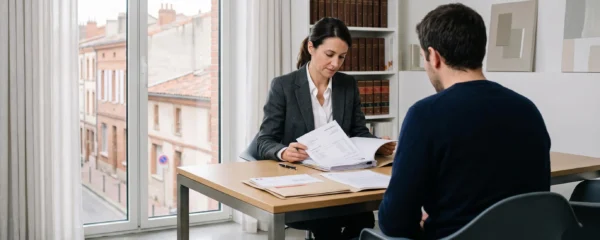 Commissaire de justice en consultation avec un client créancier dans un bureau contemporain à Toulouse, dossier de recouvrement ouvert avec documents officiels visibles sur le bureau