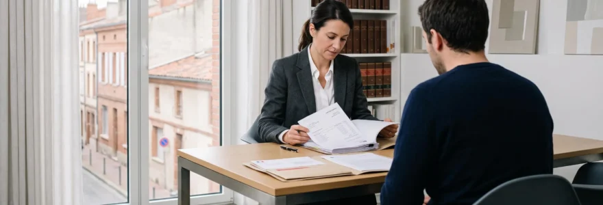 Commissaire de justice en consultation avec un client créancier dans un bureau contemporain à Toulouse, dossier de recouvrement ouvert avec documents officiels visibles sur le bureau