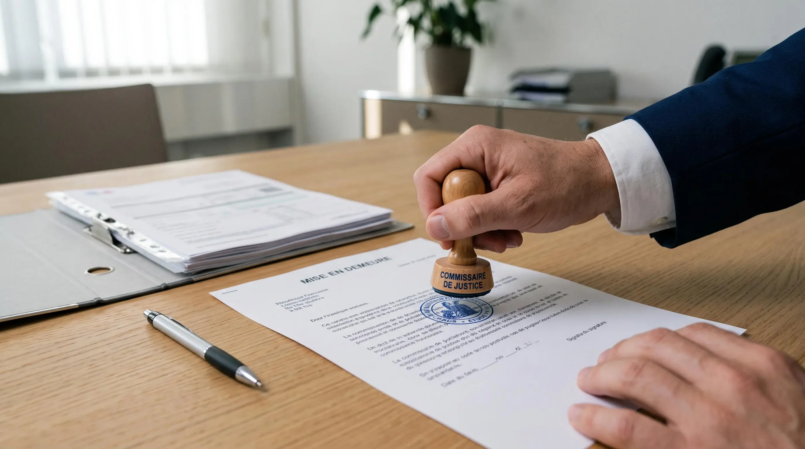Main de commissaire de justice apposant un tampon officiel sur une mise en demeure, avec parapheur et documents de recouvrement visibles sur le bureau